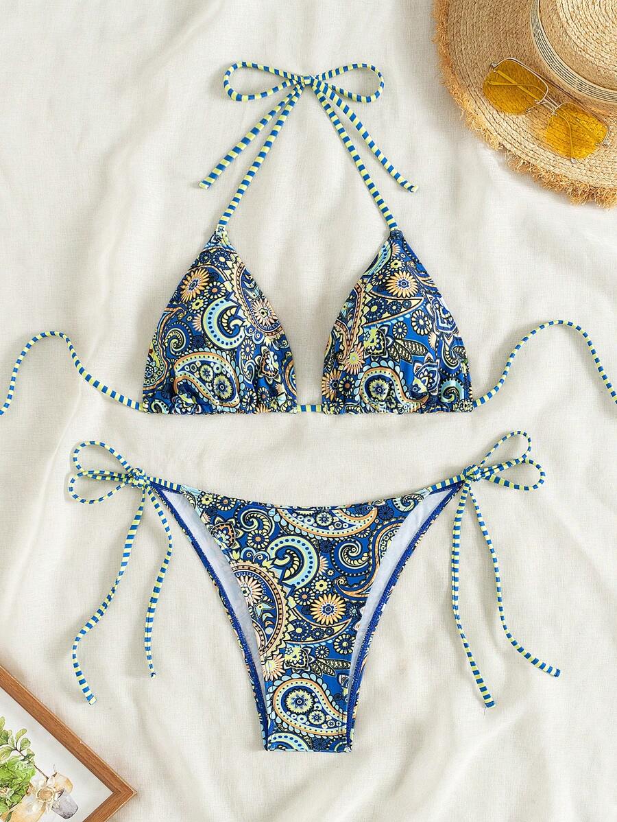 SHEIN Swim Women Floral Print Halter Neck Tie Sexy Bikini Set, Holiday, Random Print,Summer Beach