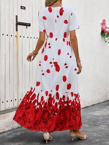 Breezaya 女裝浪漫渡假花瓣印花夏季短袖連衣裙 - 紅白色 - 查看 2