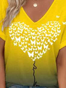 SHEIN LUNE Camiseta casual de manga corta con cuello en V para mujer, con estampado de mariposas para verano