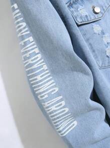 Manfinity Homme Men's Casual Button-Down Denim Shirt With Letter Print And Distressed Detail - Light Wash - View 4