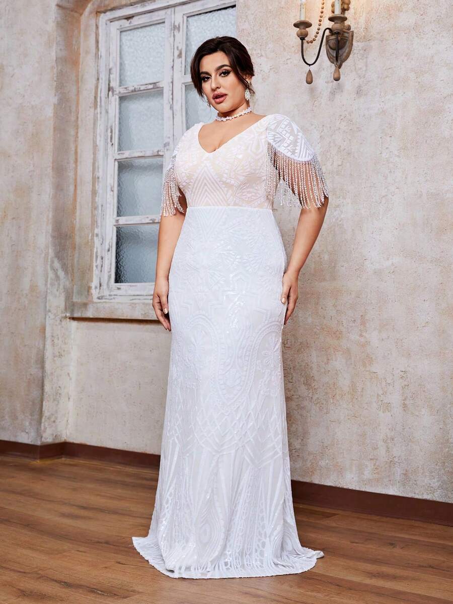 Plus Size Cổ Chữ V Lấp Lánh Sequin Hoa Chắp Vá Tay Ngắn Tua Rua Nàng Tiên Cá Viền Trang Bị Áo Dài - trắng - Xem 1