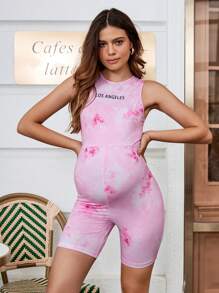 SHEIN Maternity Outdoor Sports Tie-Dye Print Round Neck Sleeveless Jumpsuit With Back Zipper Closure, Short & Tight-Fitting Style - Pink - View 1