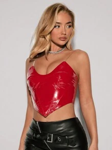 SHEIN ICON Y2k 夏季时尚红色 PU 皮革露肩紧身胸衣外出上衣，适合派对 - 紅色 - 查看 6