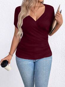 SHEIN Clasi Women's Plus Size Summer Solid Color V-Neck Short Sleeve Casual T-Shirt - Burgundy - View 6