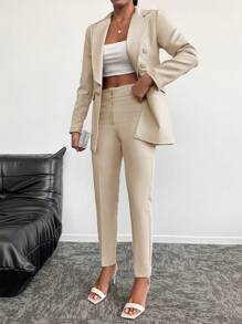 EURMUSE Turn-down Collar Double-breasted Decorative Suit Jacket And Pants Set - Apricot - View 4