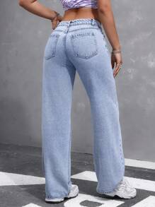 SHEIN EZwear Ladies' Plain And Simple Loose Fit Ripped Daily Jeans Summer Outdoor