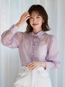 FRIFUL Women Fashionable Elegant Long Sleeve Sheer Turn-Down Collar Shirt - Purple - View 10