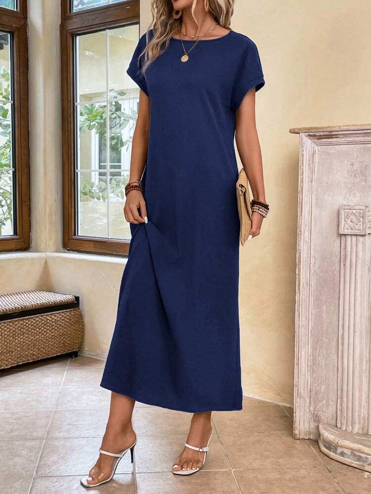 Women Casual Solid Color Batwing Sleeve Long Dress For Vacation