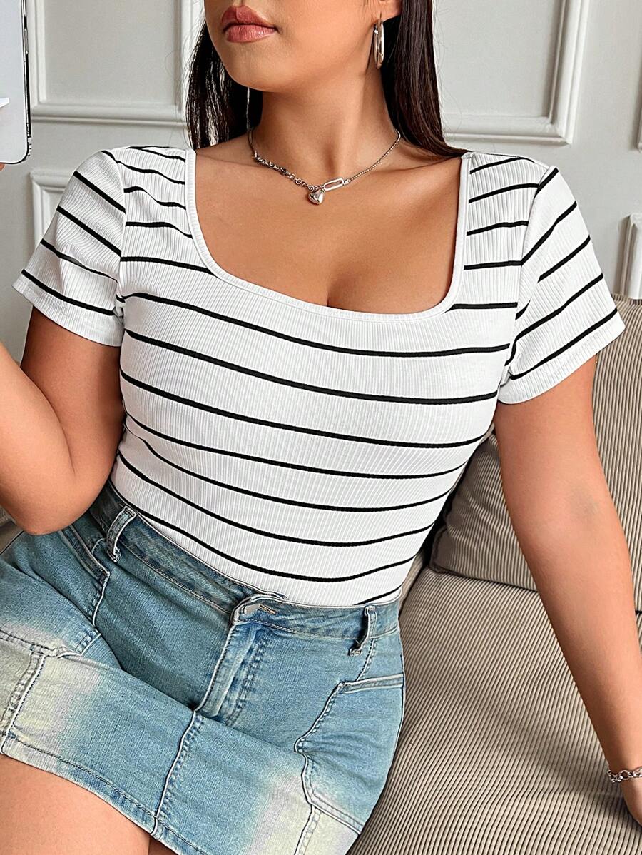 SHEIN EZwear Plus Size Women Black And White Striped Square Neck Slim Fit Basic T-Shirt, Summer
