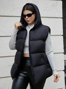 RueChic Plus Size Zip Up Hooded Puffer Vest Coat - Black - View 3