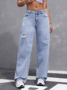SHEIN EZwear Ladies' Plain And Simple Loose Fit Ripped Daily Jeans Summer Outdoor