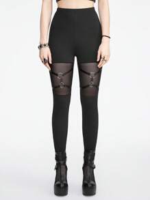 ROMWE Grunge Punk 暗黑朋克镂空透视金属扣装饰紧身女士打底裤，校园 - 黑色 - 查看 3