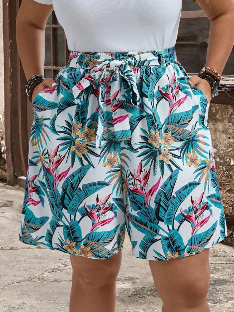 Plus Size Women's Tropical Plant Printed Loose Shorts With Pockets, Great For Vacations For Summer,Flower/Spring