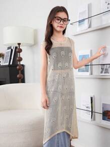 Mädchen im Alter zwischen 10 und 12 Jahren, japanischer Stil, lässiges Strand Sommerkleid mit Cut Out Ausschnitten und soliden Farben, Rundhalsausschnitt, ärmellos, zum Überziehen geeignet