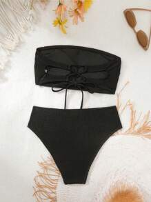 SHEIN Swim 女士纯色吊带性感比基尼套装、度假比基尼套装、夏季海滩 - 黑色 - 查看 4