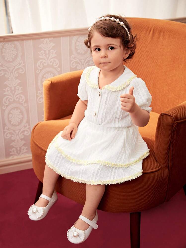 Baby Girl Sweet And Cute Decorative Puff Sleeve Shirt And Skirt Set For Summer