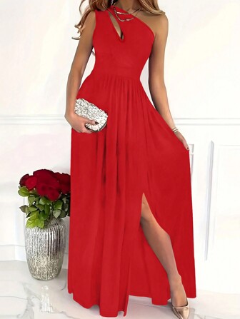 女士夏季纯色连衣裙 - 不对称领口，大腿高开衩，优雅无袖镂空长裙（日常连衣裙）