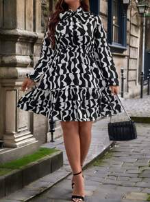 SHEIN Clasi Plus Allover Print Tie Neck Ruffle Hem Dress - Black and White - View 6