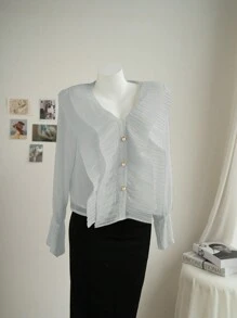 SHEIN Privé V-Neck False Placket Pleated Shirt With Button And Flare Sleeves - Grey - View 5