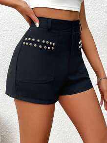 Zolique Women's Fashionable Shorts With Stud Detail For Summer - Black - View 5