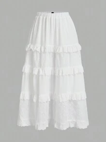 SHEIN Essnce White Patchwork  Skirt With Embroidered Floral Lace Border, Women Skirt For Summer