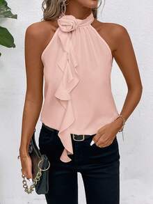 SHEIN Clasi 女士時尚純色立領襯衫，附3D花朵裝飾 - 粉色 - 查看 3