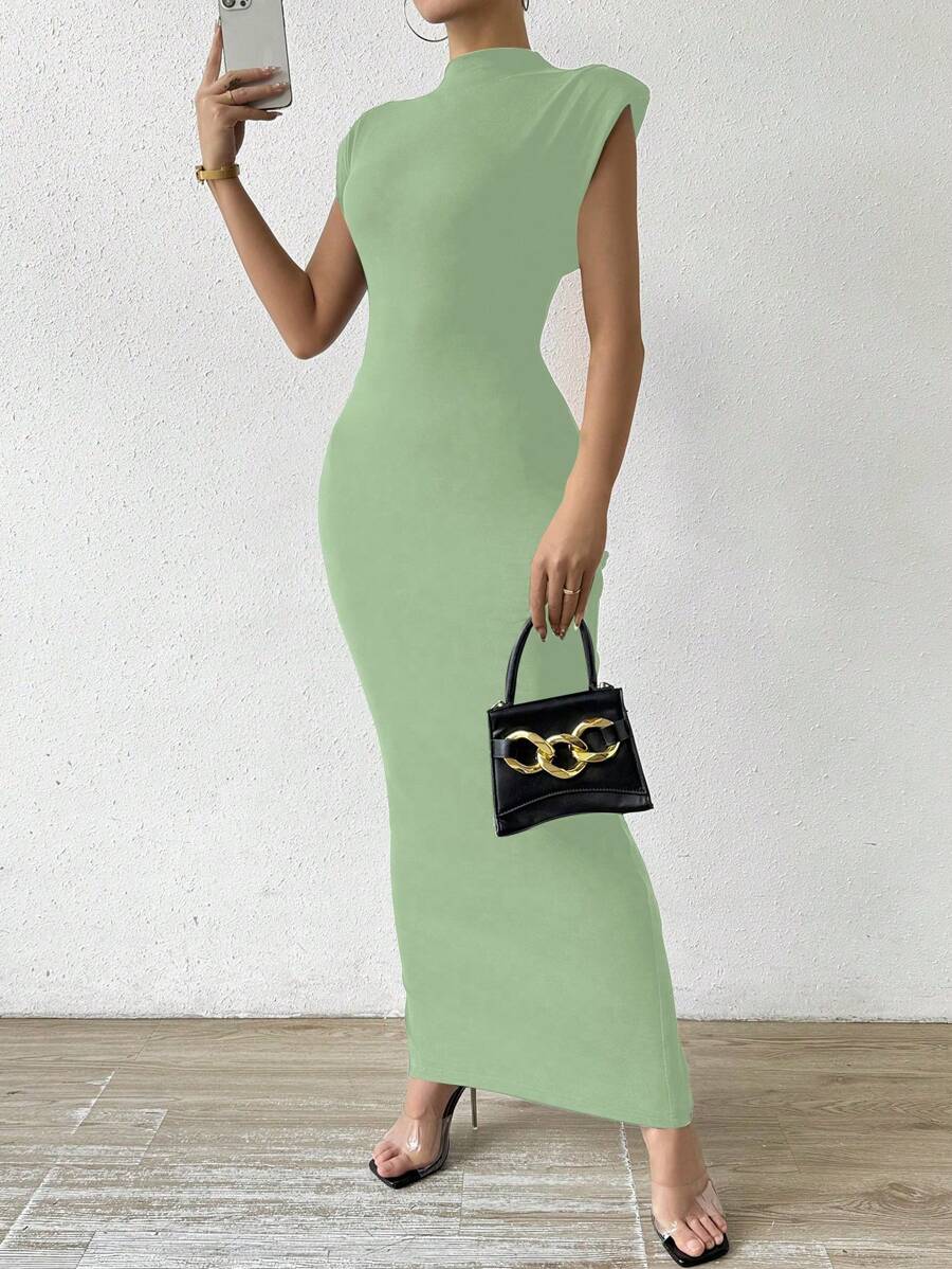 SHEIN Privé Robe de soirée à col droit et simple pour femmes, couleur unie et courte pour l'été - Vert - Voir 1