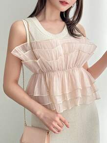 FRIFUL Canottiera donna estate senza maniche con collo tondo, strato con balze e top largo a patchwork