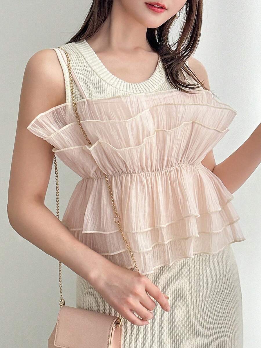 FRIFUL Canottiera donna estate senza maniche con collo tondo, strato con balze e top largo a patchwork