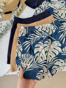 6pcs Young Boy Casual Striped & Leaf Print Short Sleeve T-Shirt With Elastic Waist Shorts, Holiday Outfits