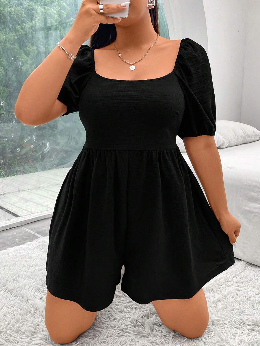 SHEIN EZwear 夏季大碼純色方領泡袖收縮後背連身褲 - 黑色 - 查看 1