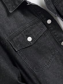 Manfinity Homme Men's Plus Size Solid Color Lapel Front Button Long Sleeve Denim Jacket, Dark Cotton Plain Black Casual Jacket - Black - View 5