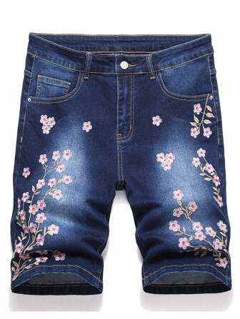Manfinity Roughcore Herren Denim Shorts mit Blumen-Stickerei, Reißverschluss, lässiger Sommer-Stil