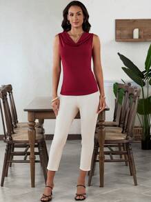 EMERY ROSE Elegant Wine Red Sleeveless Women Blouse With Collar, Perfect For Office Wear
