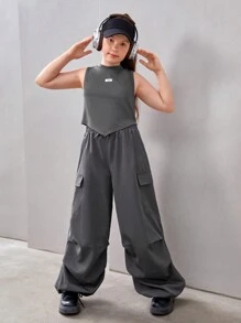 SHEIN Tween Girl Extended Size Casual Knit Solid Color Sleeveless Tank Top And Cargo Pants Set For Spring/Summer - Grey - View 7