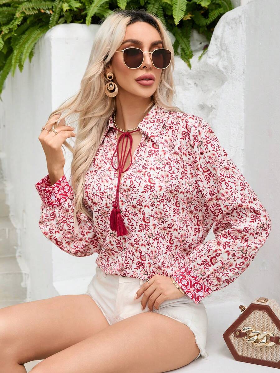 GENKIRA Women's Fashionable Random Printed Chinese Style Long Sleeve Shirt - Red - View 1