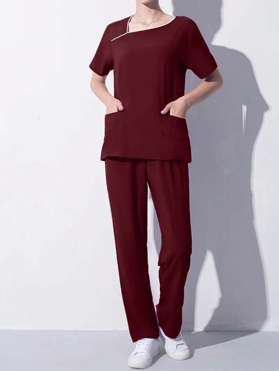 Conjunto uniforme con top de manga corta y cuello asimétrico + pantalones largos - Burdeos - Ver 1