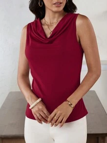 EMERY ROSE Elegant Wine Red Sleeveless Women Blouse With Collar, Perfect For Office Wear