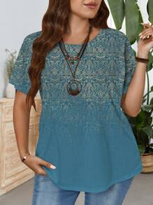 EMERY ROSE تي شيرت نسائي بقصّة عادية للصيف ذو رقبة دائرية وأكمام قصيرة بطبعات زهور عتيقة للحجم الزائد