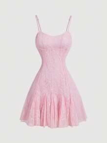SHEIN MOD Vestido mini rosa con tirantes finos de encaje dulce para mujer en verano - Rosa - Ver 1