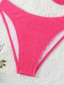 SHEIN Swim 夏季纯色纹理镂空钢圈挂脖比基尼套装 - 玫紅色 - 查看 8