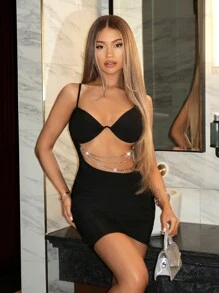 SHEIN BAE 小碎花鑽鏈胸罩杯設計夏日連身裙，Y2K裙裝 - 黑色 - 查看 3