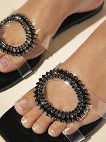 SHUZIA Sandalias planas de verano para mujer con diseño de pedrería de moda y exquisito - Negro - Ver 5