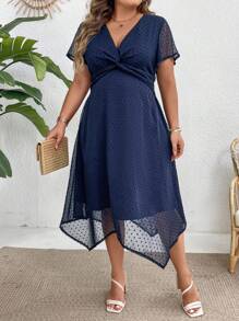 SHEIN Clasi Đầm mùa hè cỡ lớn với mặt trước xoắn, tay áo ô, eo thon và viền bất đối xứng - Màu xanh hải quân - Xem 4