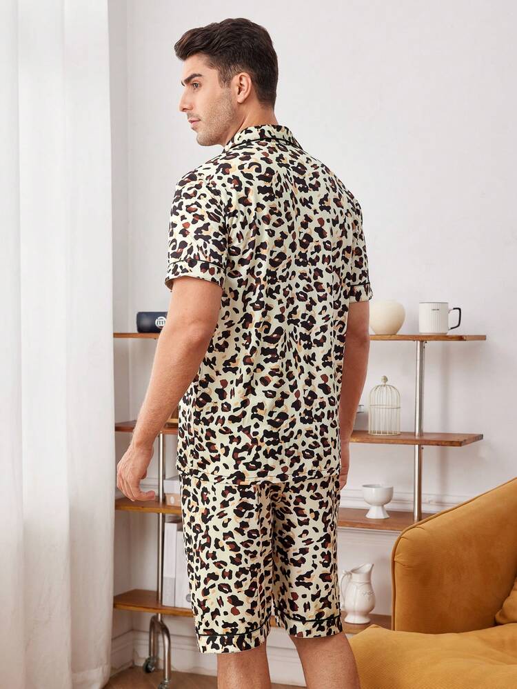 Men's Leopard Print Short Sleeve And Shorts Homewear Lounge Set