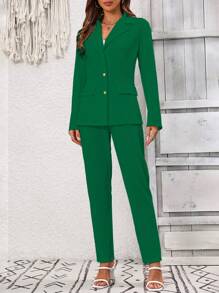 EMERY ROSE Women's Casual And Professional Solid Color Blazer And Trousers Suit Fall Cloth For Women - Dark Green - View 5