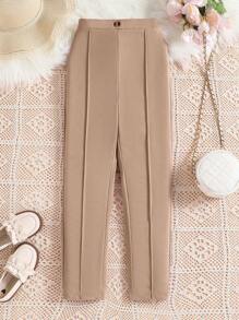 Tween Girl Simple And Casual Pleated Tapered Pants - Apricot - View 4