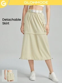 GLOWMODE 2-In-1 Drawstring Pocket Pleated Midi To Mini Skirt Low Impact Hiking Outdoor Casual Daily - Beige - View 1