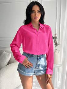 RueChic Rhinestone Detail Button Front Shirt - Hot Pink - View 5