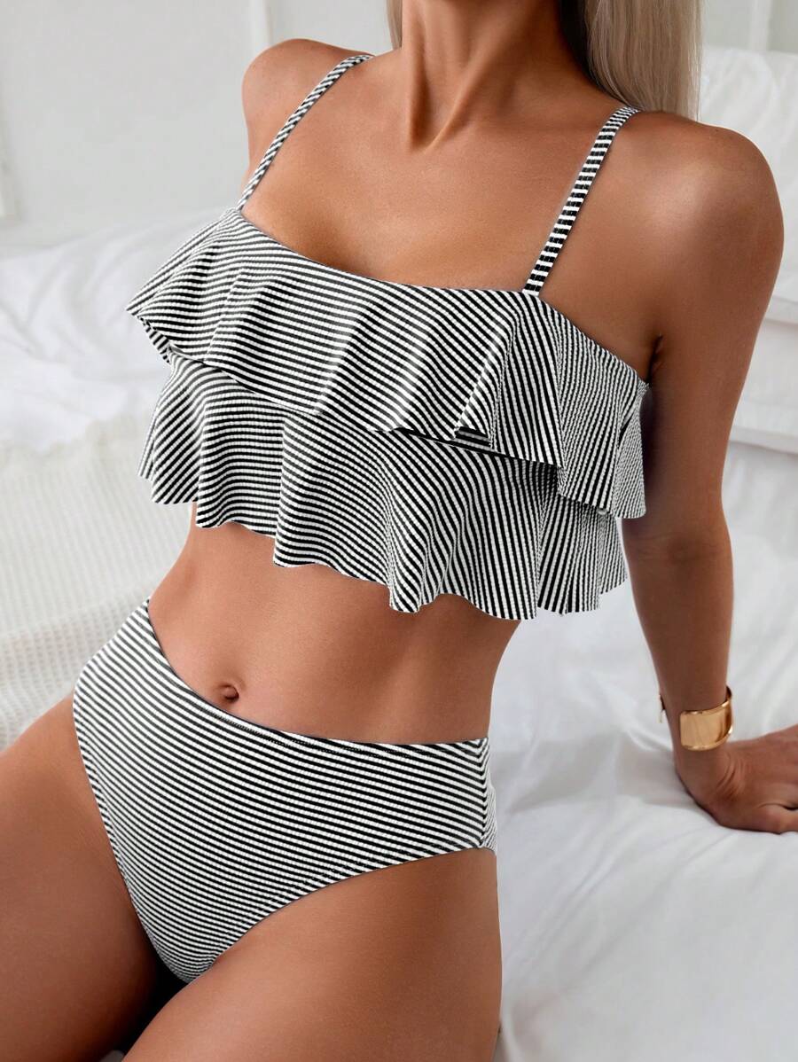SHEIN Swim Women's Vacation Striped Sexy Ruffled Double-Layered Splice Bikini Set,Summer Beach - Black and White - View 1